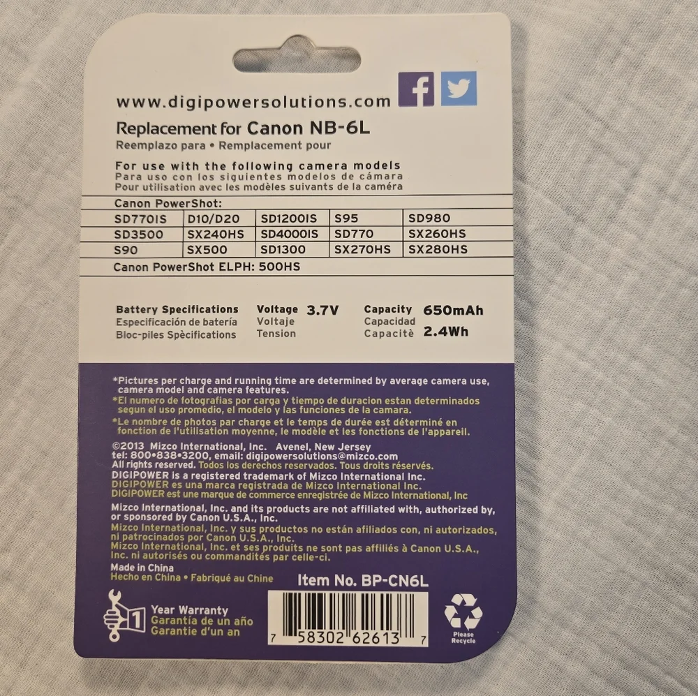 DigiPower Rechargeable Battery for Canon NB-6L Camera Battery